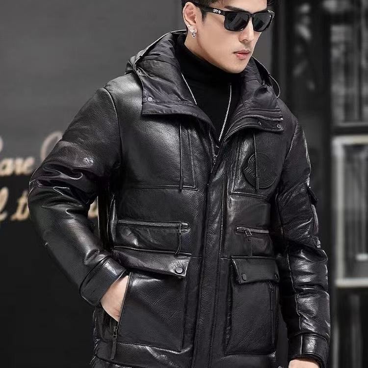 冬季海宁新款真皮头层羽绒服男士皮衣牛皮皮夹克连帽加厚外套