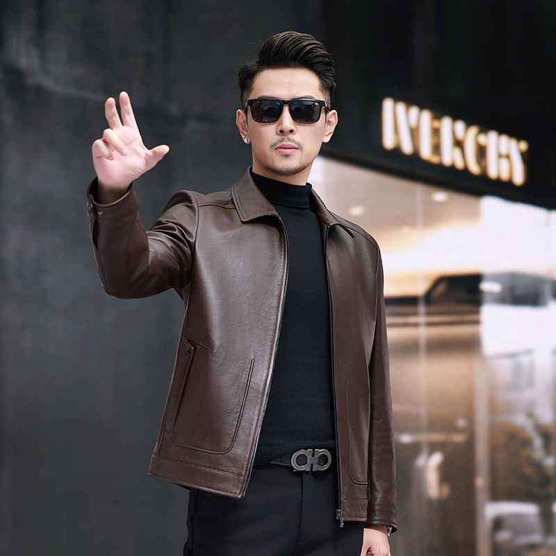 秋冬新款海宁真皮皮衣男士翻领头层牛皮夹克商务休闲短款单皮外套