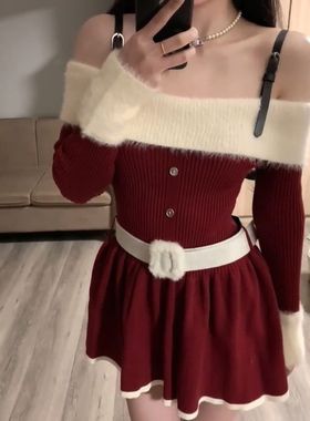 圣诞红色一字肩针织短裙女冬季甜辣风纯欲露肩收腰显瘦吊带连衣裙
