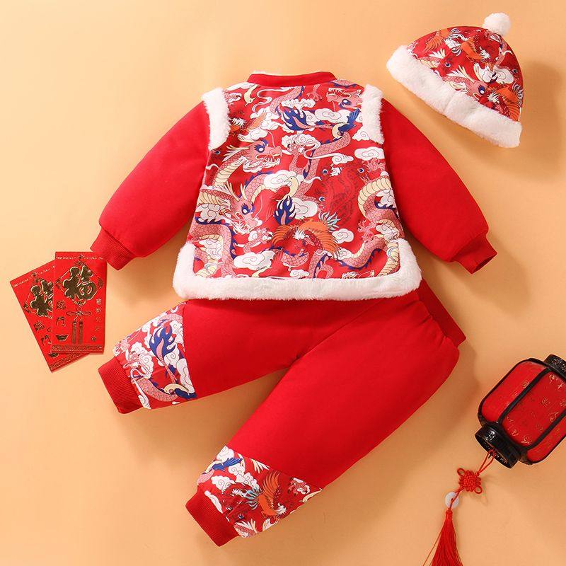 宝宝抓周礼服男童冬季古风加厚唐装两件套女宝宝中国风拜年服套装