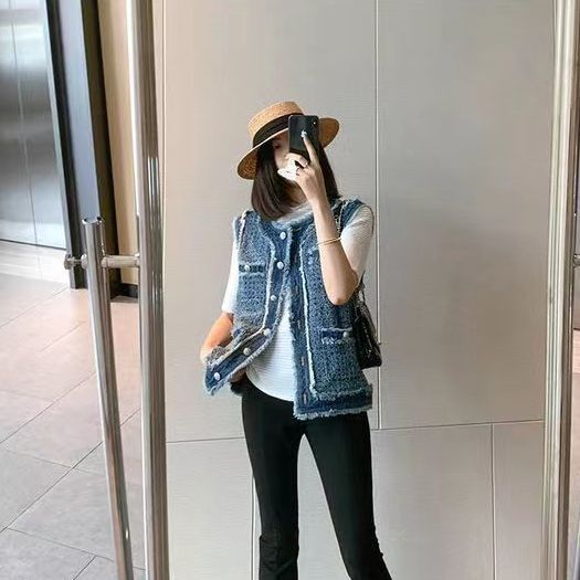 新中式休闲外搭叠穿无袖坎肩外套上衣小个子宽松马夹牛仔马甲背心