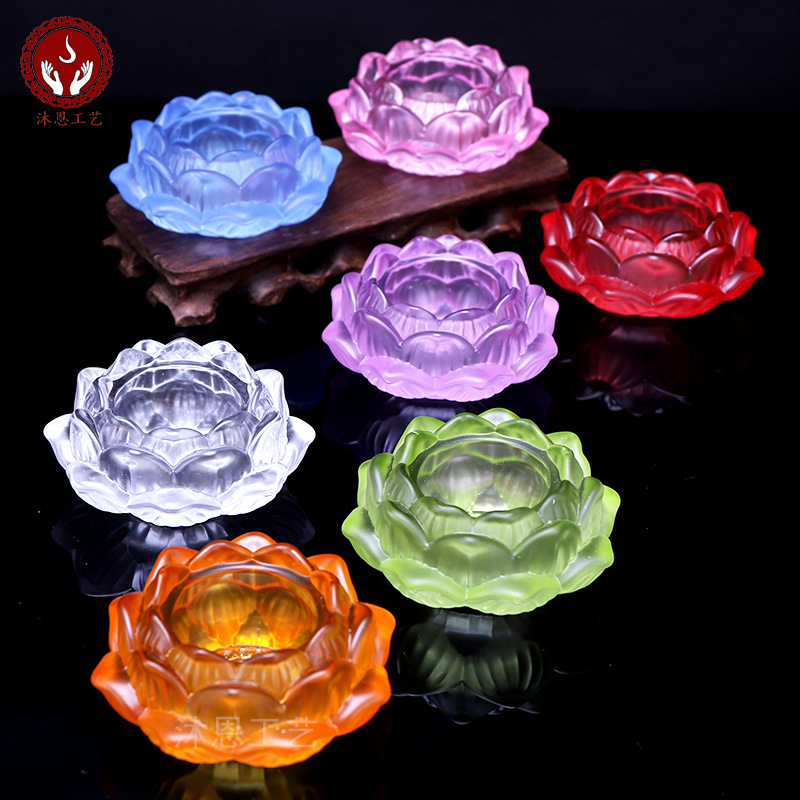 沐恩七彩圣莲烛台蜡烛灯酥油灯琉璃灯座佛具用品厂家