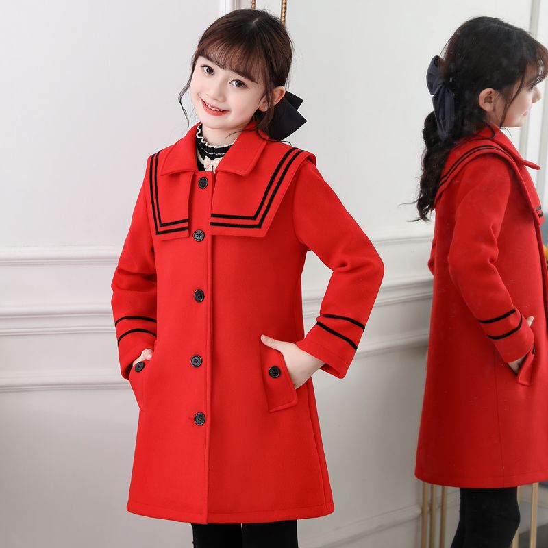女童毛呢外套新款2023秋冬季韩版风衣大童小女孩子加厚中长款红色