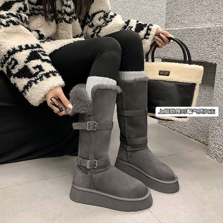 灰色雪地靴女2025冬季新款皮毛一体厚底增高加绒加厚长筒雪地棉鞋