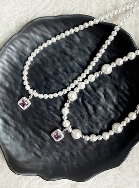 新款时尚气质优雅名媛风大小回紫色珍珠方钻镶嵌气泡方糖女款项链