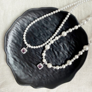 项链 气质优雅名媛风大小回紫色珍珠方钻镶嵌气泡方糖女款 新款 时尚