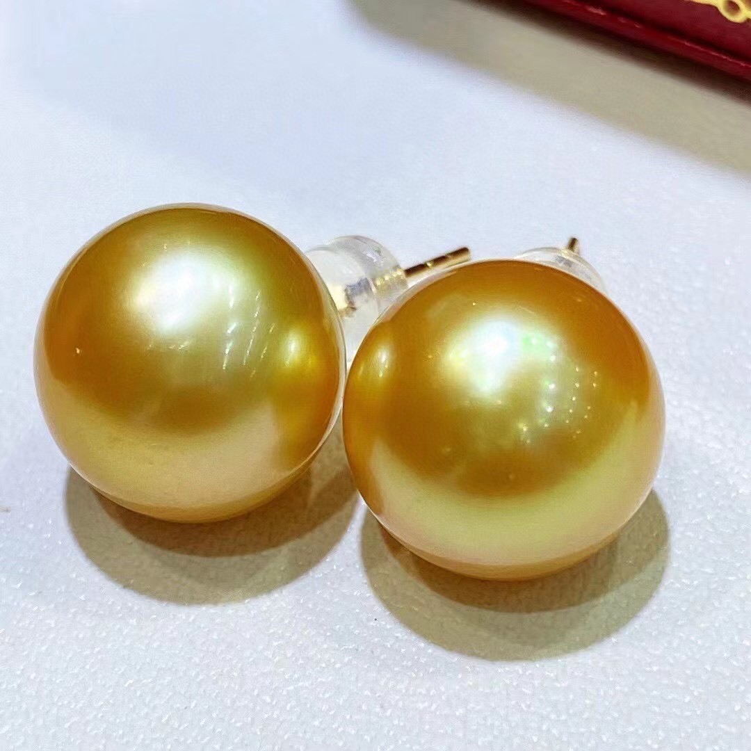 12-13MM天然深金色菲律宾海水金珠耳钉四分之三圆极微微瑕