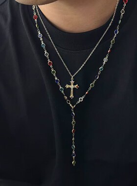 彩钻十字架叠戴流苏项链男女同款个性甜酷项饰小众高级感百搭项饰