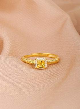 s925纯银小方糖戒指女生气质甜美黄钻食指戒精致设计感小红书同款