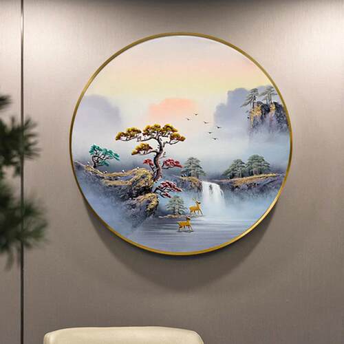 SI6K新中式入户正对墙挂画客厅玄关带灯圆形装饰画手绘山水油画迎