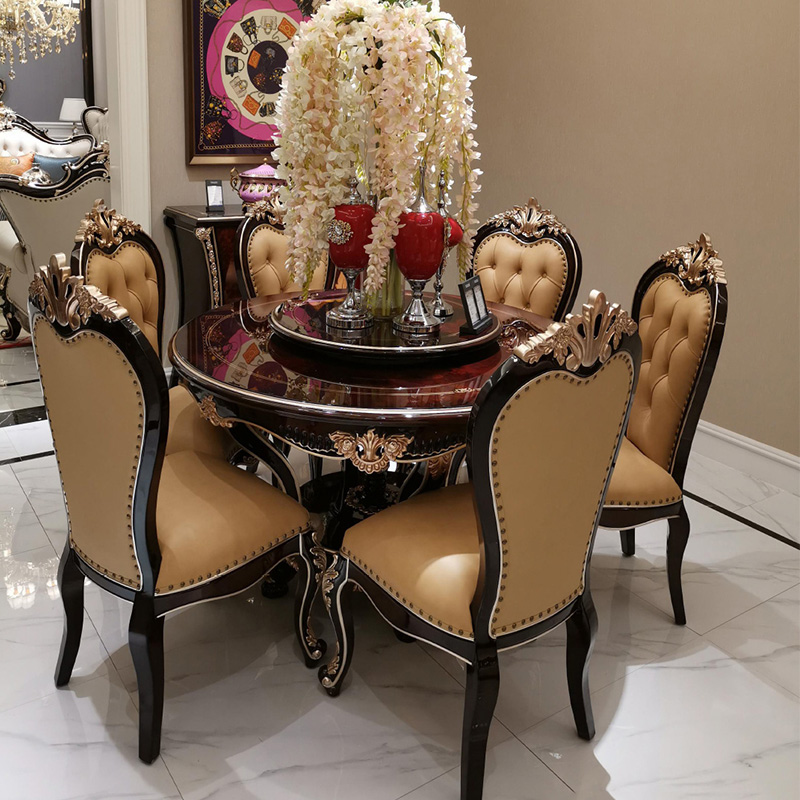 欧式新古典圆形实木真皮餐桌餐椅