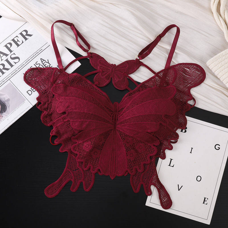 彩莉霞新款性感镂空刺绣女内衣无钢圈纯欲显瘦美背蝴蝶防走光文胸