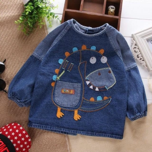 宝宝好看的罩衣宝宝罩衣牛仔秋冬儿童婴儿男童女童长袖反穿衣吃饭