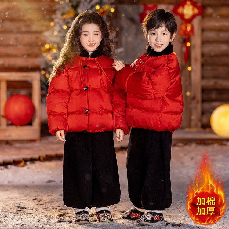 儿童冬季唐装加厚红色拜年服女童中国风棉服套装男童新款棉衣外套