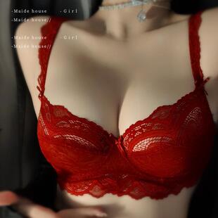 大胸显小红色内衣套装女法式本命年超薄文胸性感纯欲新婚蕾丝胸罩
