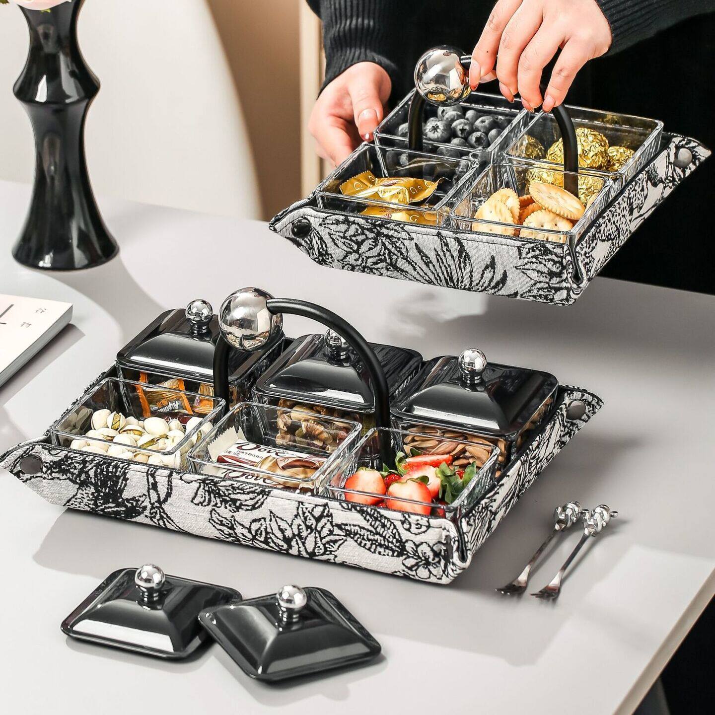 复古分格小吃碟子创意家用待客果盘零食盘干果盘糖果盘坚果收纳盒