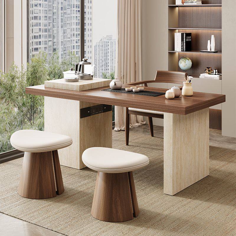 本元佳品洞石岩板茶桌椅组合现代简约家用阳台高级感烧水一体茶台