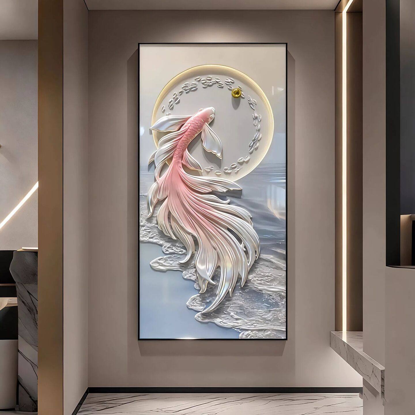 锦鲤图带灯入户玄关装饰画走廊尽头过道壁画轻奢高级感客厅墙挂画,家居饰品,现代装饰画,淘宝优惠券,粉丝福利购,淘宝优惠卷