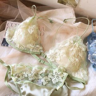 法式性感bralette美背细带小胸蕾丝文胸无钢圈超薄三角杯内衣套装