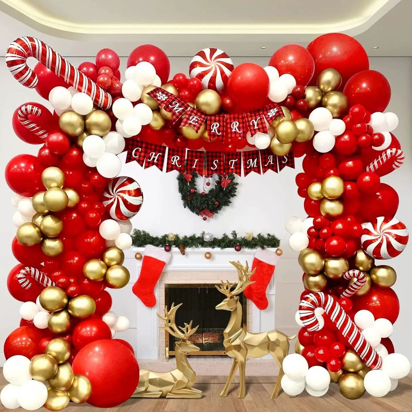 156Pcs Red Gold White Balloons Candy Cane Foil Balloon Arch