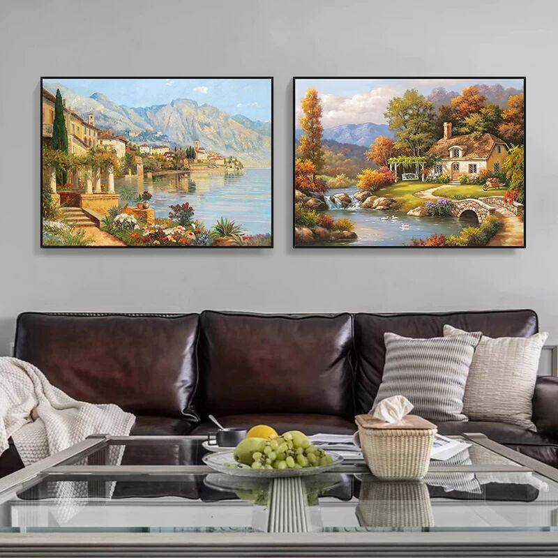 美式油画客厅装饰画欧式复古餐厅挂画山水风景电视沙发背景墙壁画,家居饰品,现代装饰画,淘宝优惠券,粉丝福利购,淘宝优惠卷