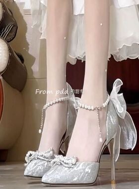 高跟鞋床上调情女细跟18岁成年礼服婚纱两穿伴娘鞋中空水晶婚鞋鞋