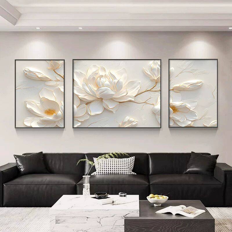 现代简约客厅装饰画抽象艺术玉兰花卉三联画奶油风沙发背景墙壁画,家居饰品,现代装饰画,淘宝优惠券,粉丝福利购,淘宝优惠卷