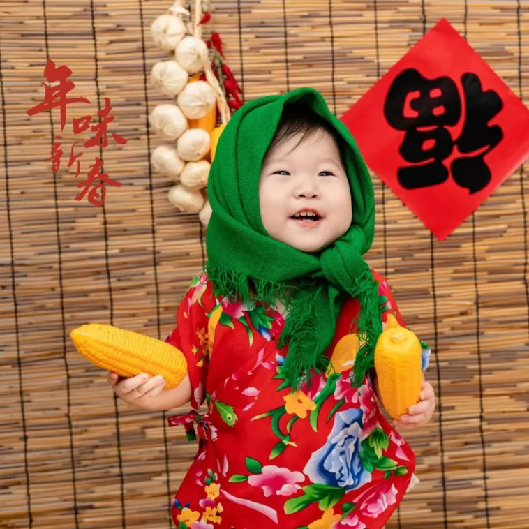 东北大花布头巾棉绸绿色三角巾演出配饰儿童民族风围巾二人转头饰
