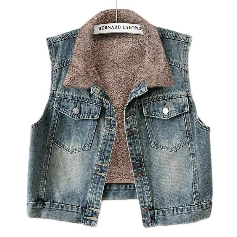 加绒加厚牛仔外套女秋冬季新款韩版宽松百搭短款马甲坎肩背心马夹