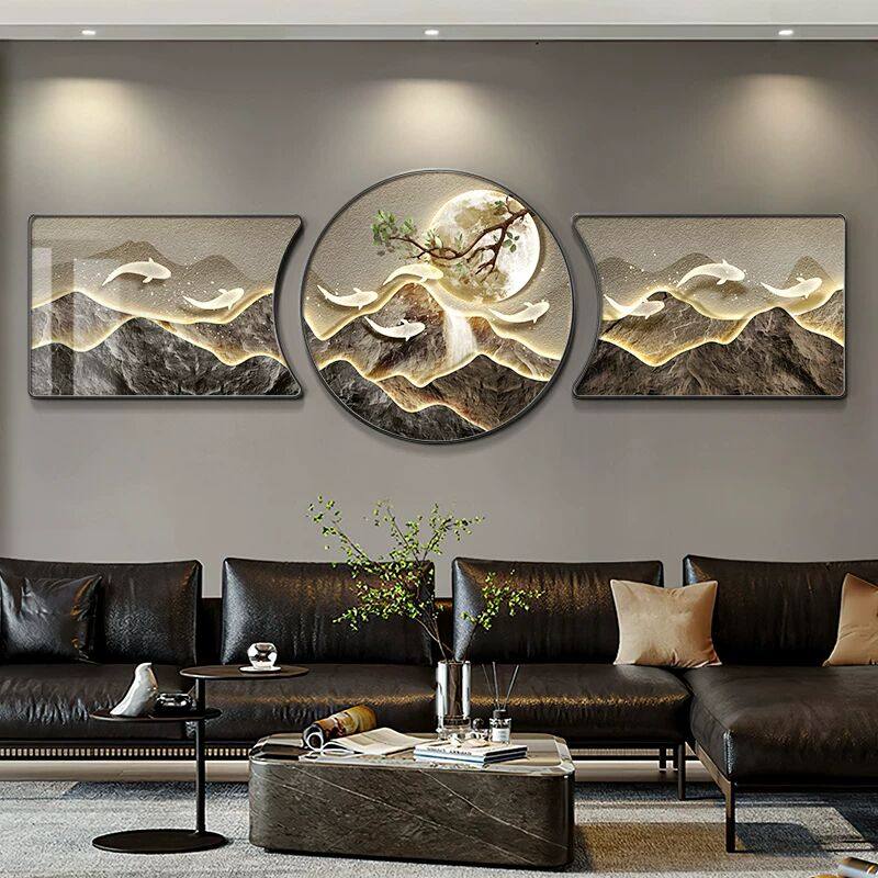 客厅装饰画九鱼聚财图壁画背有靠山高档大气沙发背景墙挂画三联画,家居饰品,现代装饰画,淘宝优惠券,粉丝福利购,淘宝优惠卷