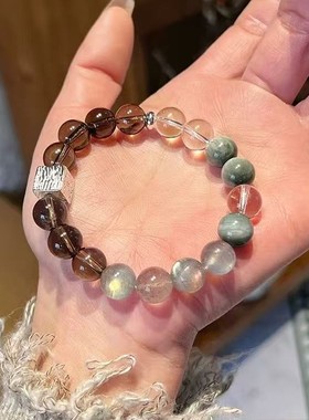 白鹿同款天然水晶手串送女友送闺蜜茶晶灰月光鹰眼石手饰高级手链