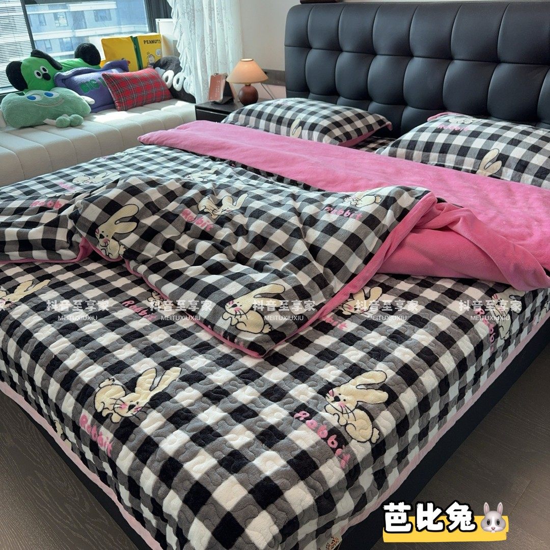 加厚牛奶绒床盖四件套保暖夹棉加绒印花可机洗双面毛绒被套床盖
