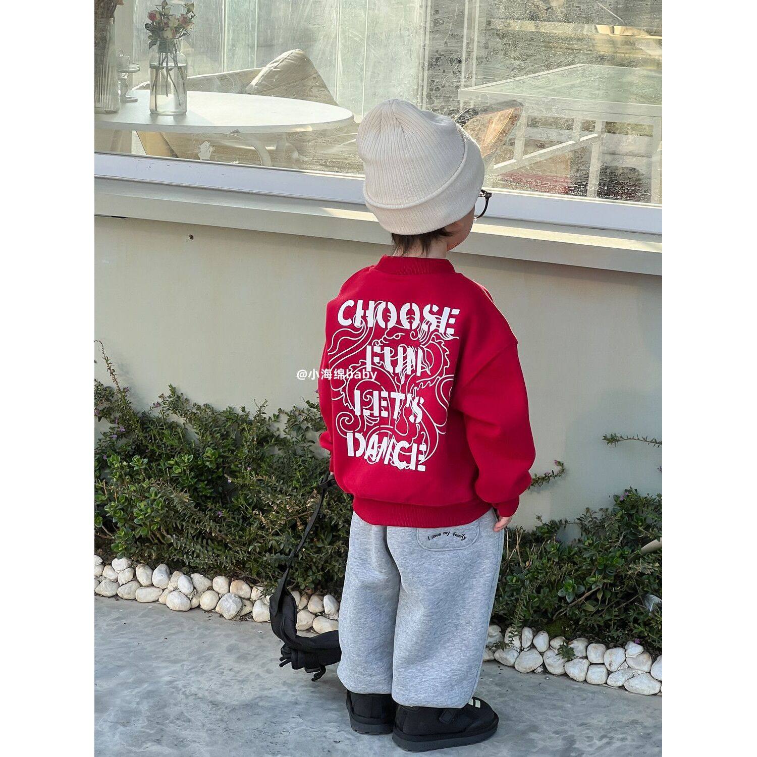 新年过年服儿童男女童加绒套装冬季红色拜年服外套卫衣宝宝运动裤