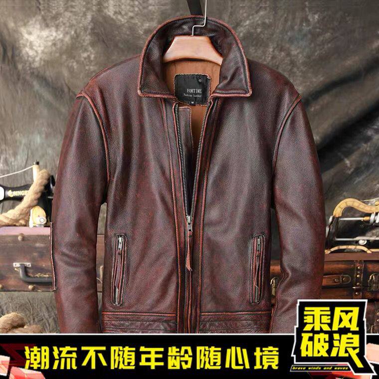 哈雷机车红棕燕尾服头层牛皮真皮皮衣男阿美咔叽复古做旧皮夹克潮