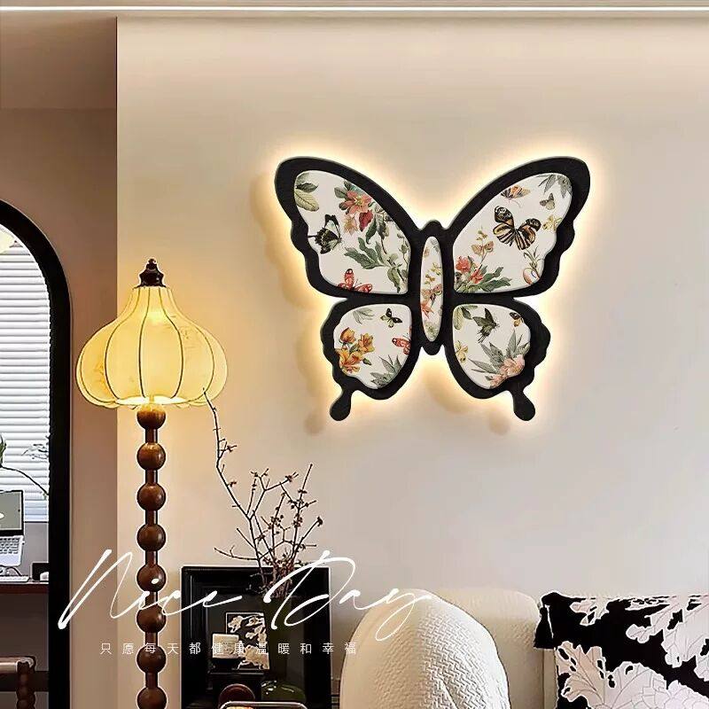 法式中古风客厅装饰画高级感电视沙发背景墙挂画蝴蝶带灯餐厅壁画,家居饰品,氛围画/灯画,淘宝优惠券,粉丝福利购,淘宝优惠卷