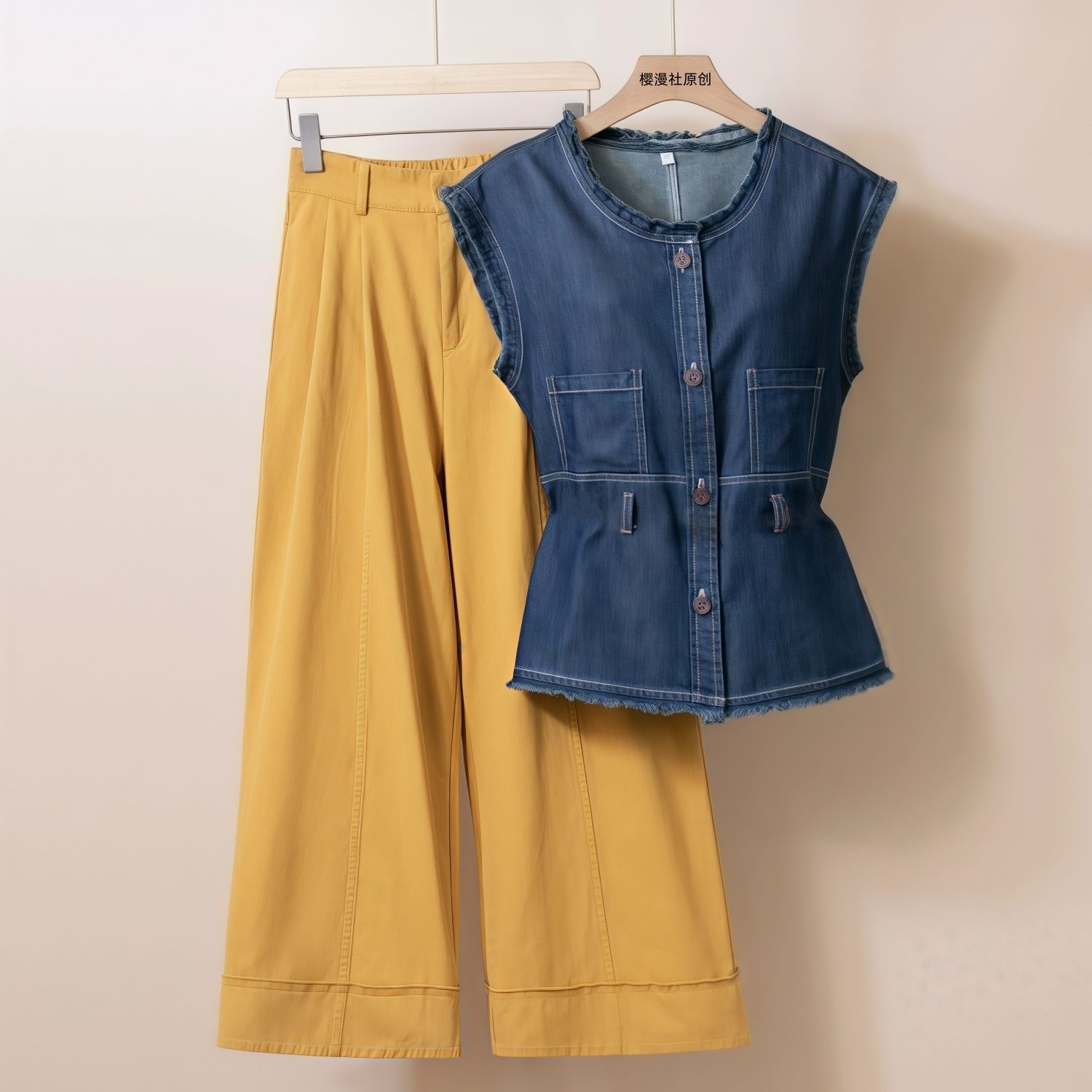 纯棉三件套装夏季新款牛仔马甲背心无袖上衣高腰阔腿裤时尚套装女