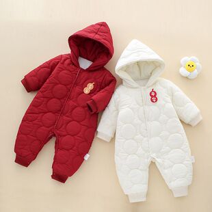 婴儿厚棉衣连帽拜年服红色加厚幼儿连体衣保暖棉服爬爬服哈衣