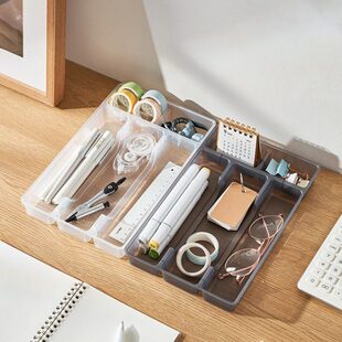 6325.日式 米木 文具整理盘带分隔桌面抽屉小物分类收纳盘分区托盘