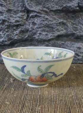 仿古瓷器 复古做旧明成化风格 斗彩三果纹瓷碗 古董古玩收藏品