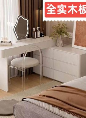 奶油风白色实木梳妆台卧室转角斗柜一体收纳柜现代简约伸缩化妆桌