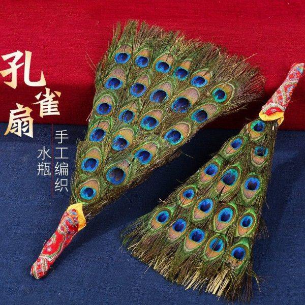 孔雀扇子手工编织贲巴壶五眼文巴扇净水吉祥草羽毛扇奔巴壶摆件,居家日用,扇子,淘宝优惠券,粉丝福利购,淘宝优惠卷