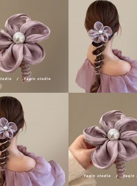 紫色韵味！花朵扎马尾直条电话线发圈头绳女2024新款编发神器春夏