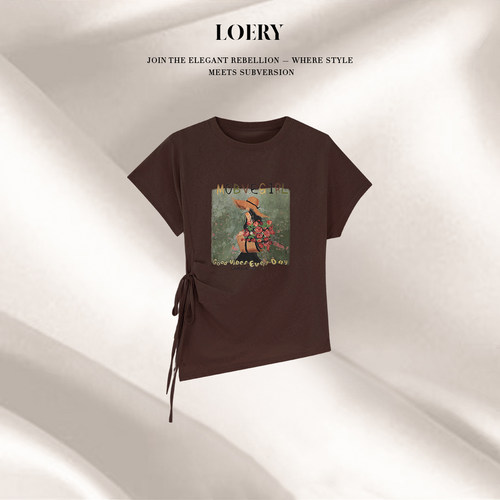 LOERY【花艺T】法式复古图案不规则绑绳收腰显瘦上衣123810