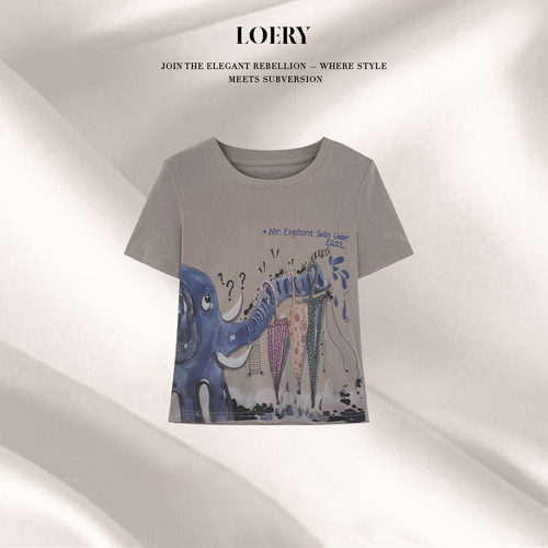 LOERY【油画小象】趣味绘画小象设计钉珠百搭显瘦短袖126952