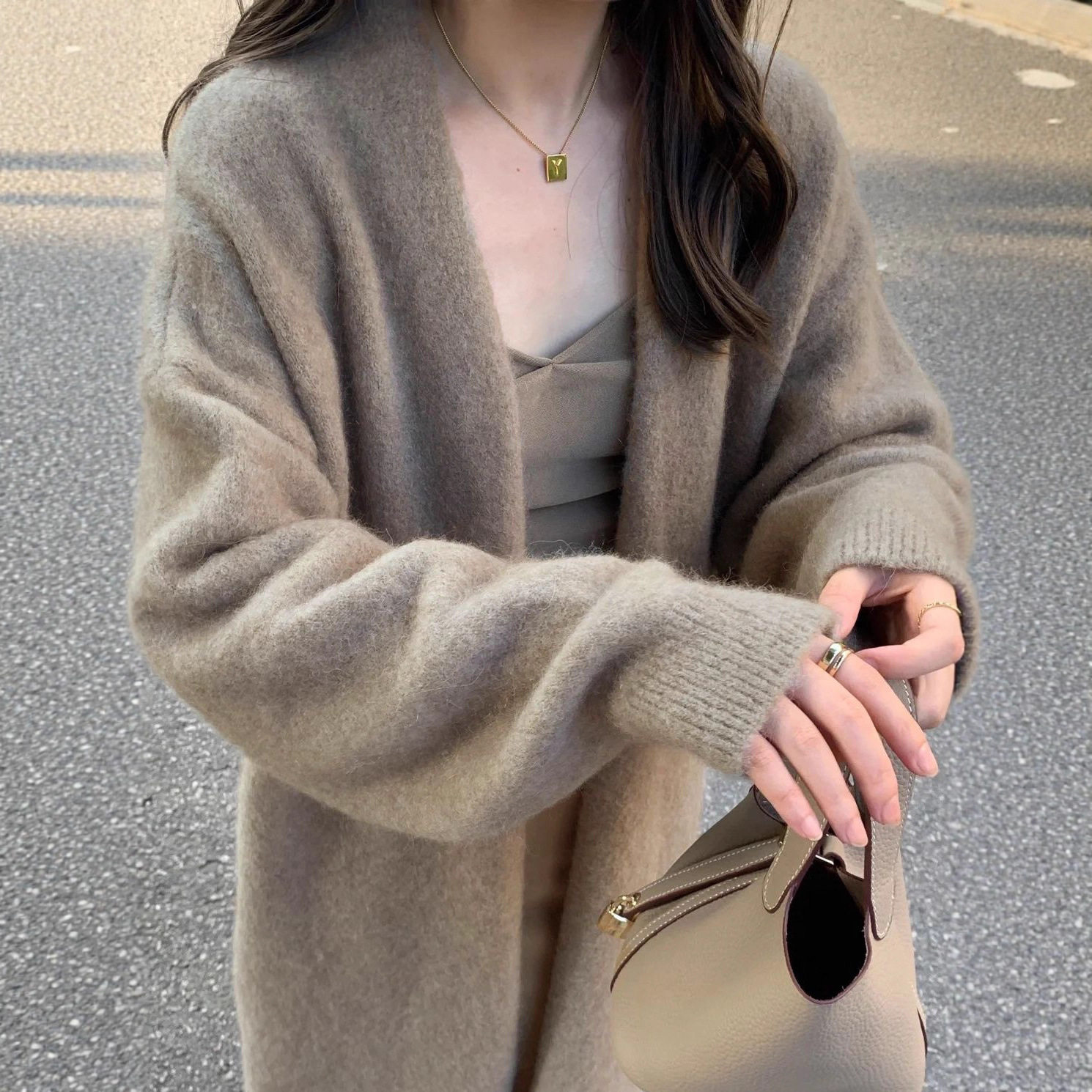 慵懒感小香风过膝中长款针织开衫女宽松甜美软糯风衣纯色毛衣外套