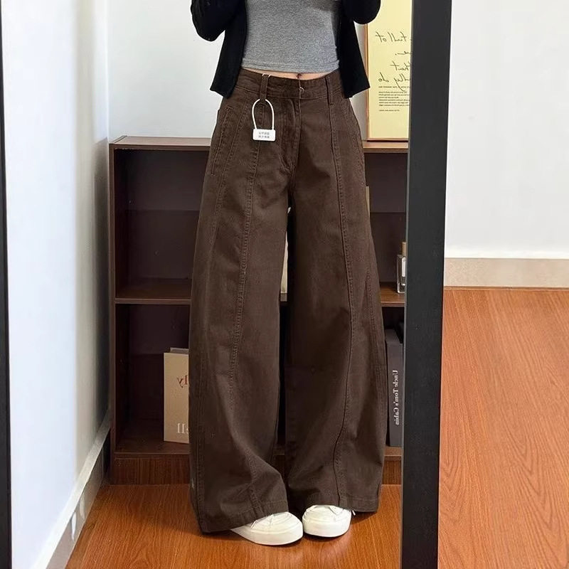 美式复古水洗做旧咖色工装阔腿牛仔裤女显瘦宽松百搭高腰拖地裤子