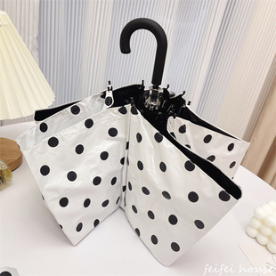 优雅黑白赫本波点黑胶防紫外线弯钩三折叠晴雨伞防晒遮阳太阳伞女