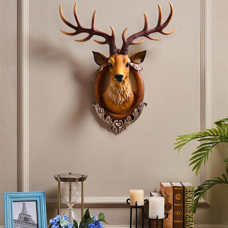 招财鹿头壁挂墙壁挂件壁饰欧式创意玄关客厅酒吧背景立体动物装饰
