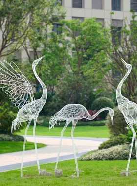户外不锈钢真丹顶鹤摆件镂空动物雕塑园林景观公园售楼部装饰品