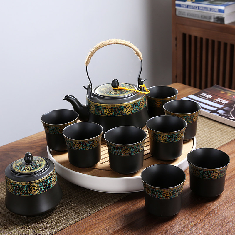 复古大容量手提梁茶壶家用套装中式现代泡茶壶茶杯简约茶盘茶叶罐